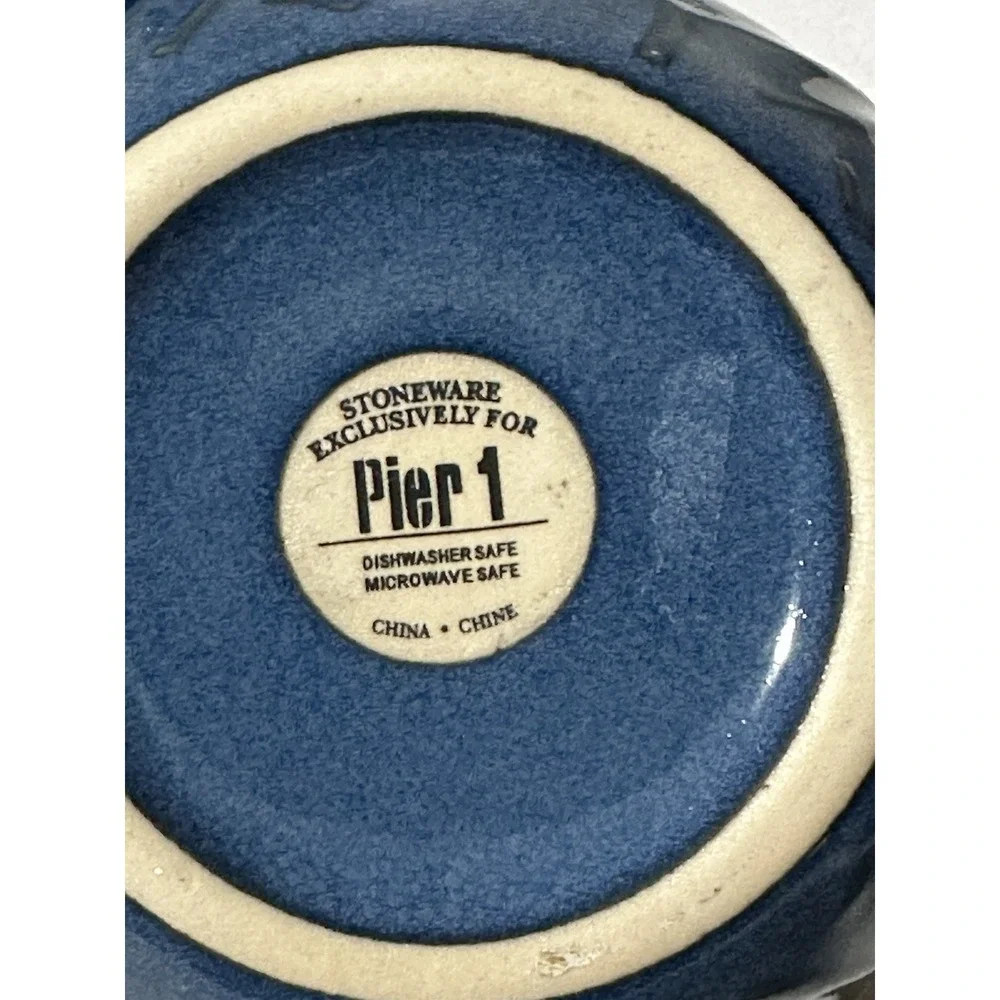 Pier 1 Blue Glazed Stoneware Teapot for One Set Cup w Lid Embossed Floral Boho